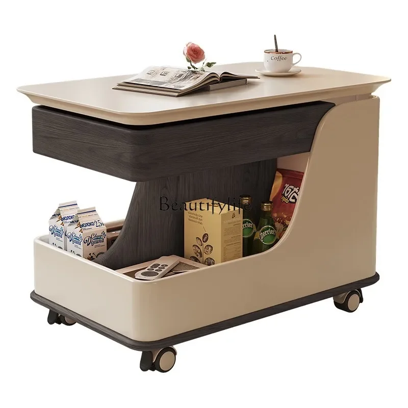 

Movable coffee table small apartment living room household lifting rock slab light luxury French cream wind trolley