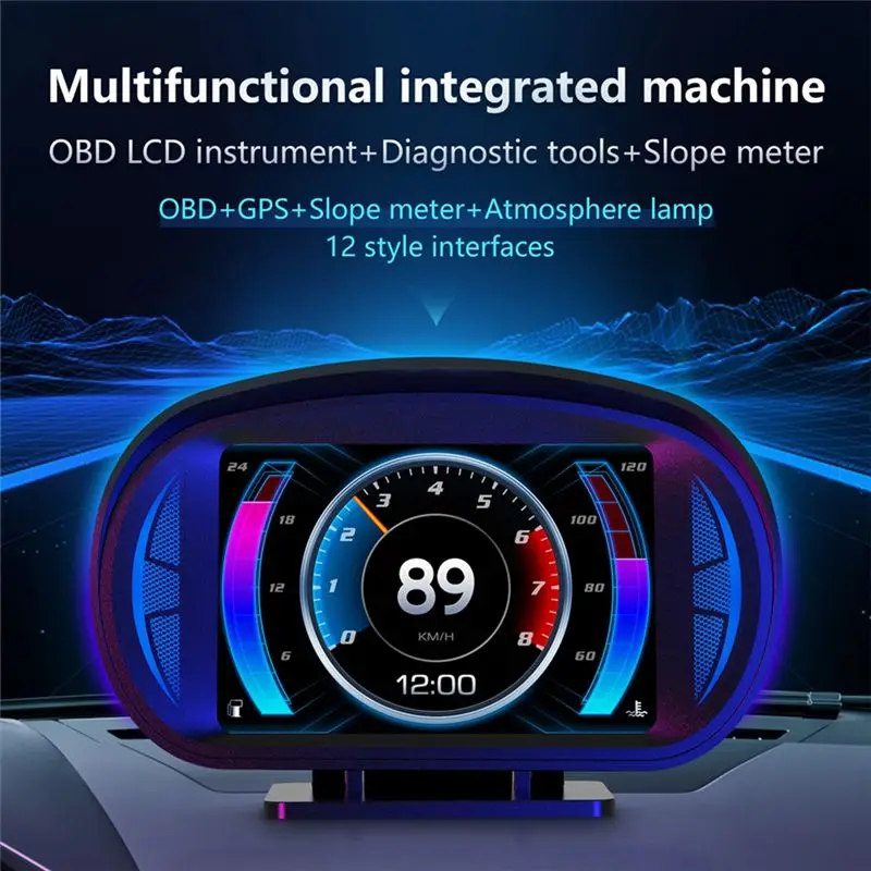 Exclusive P2 Car HUD Head-Up Display OBD GPS Vehicle Speed And Gradient Meter Water Temperature And Fuel Consumption Durable Bla