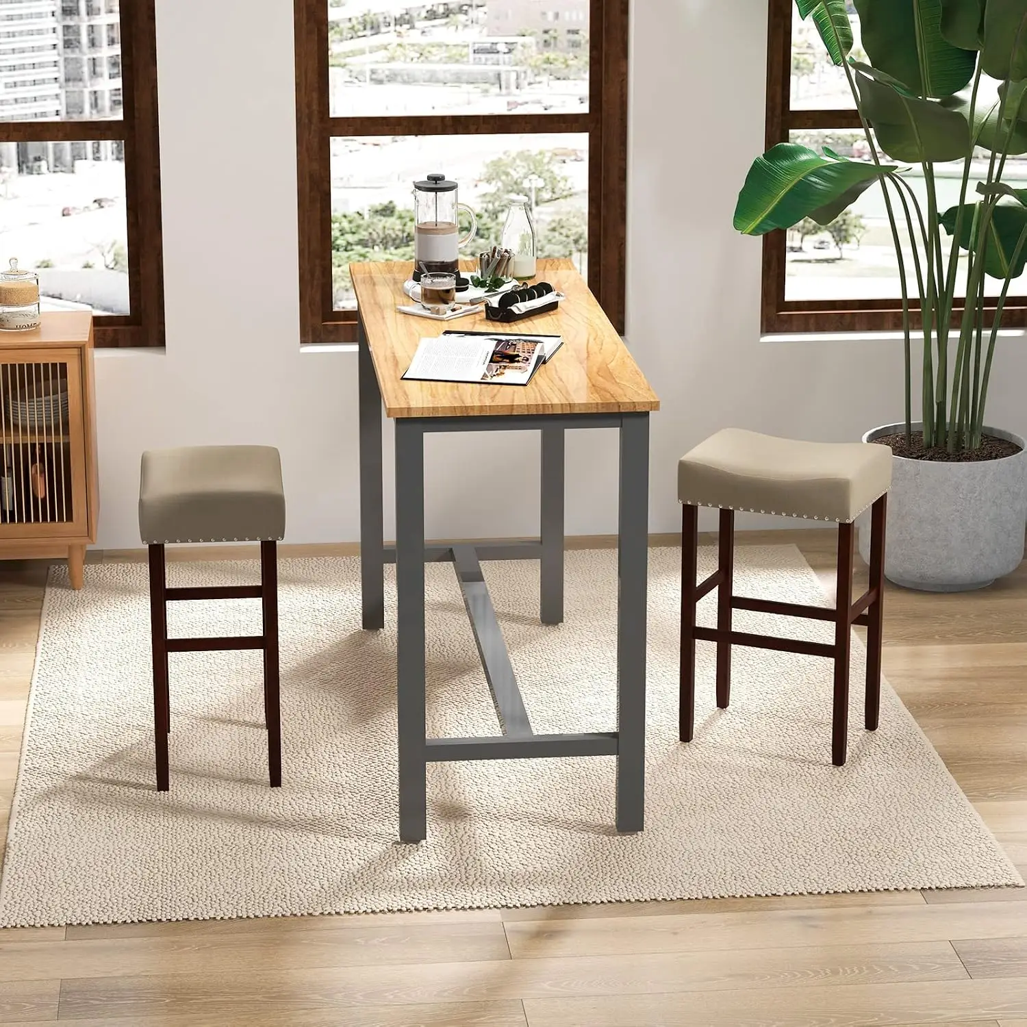 Backless Saddle Bar Stools 2pcs, Nailhead Linen Foam Seat, 330lbs Wood Frame & Foot Rest for Kitchen Island, Customized