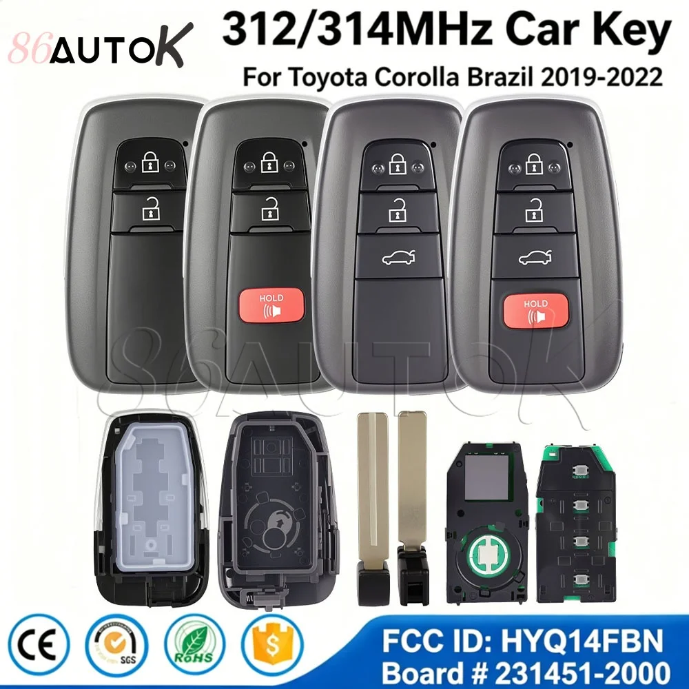 312/314.35Mhz 4A Chip Auto Remote Key For Toyota Corolla For Brazil 2019-2022 FCC ID: HYQ14FBN Smart Key 231451-2000 8990H-12010