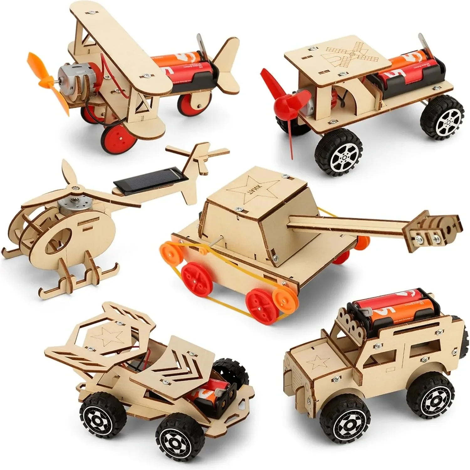 6 in 1 Wood Car Building Kits with Helicopter Tank STEM Kits DIY 3D Wooden Puzzles Craft Projects Science Set for Kids Boys