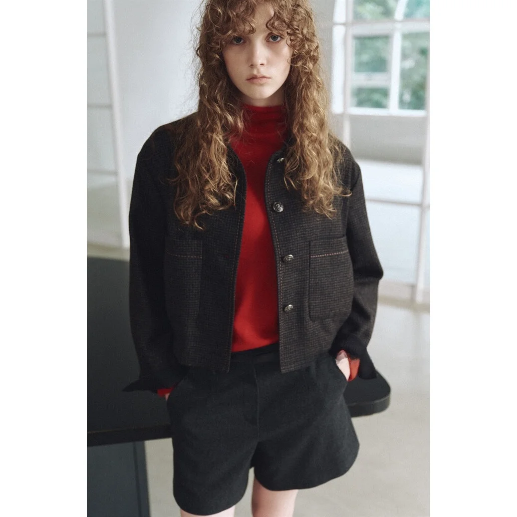Commuter Plaid Jacket Thickened Flap Collar Color Block Split Korean Style Slimming Women's Short Outerwear Coat