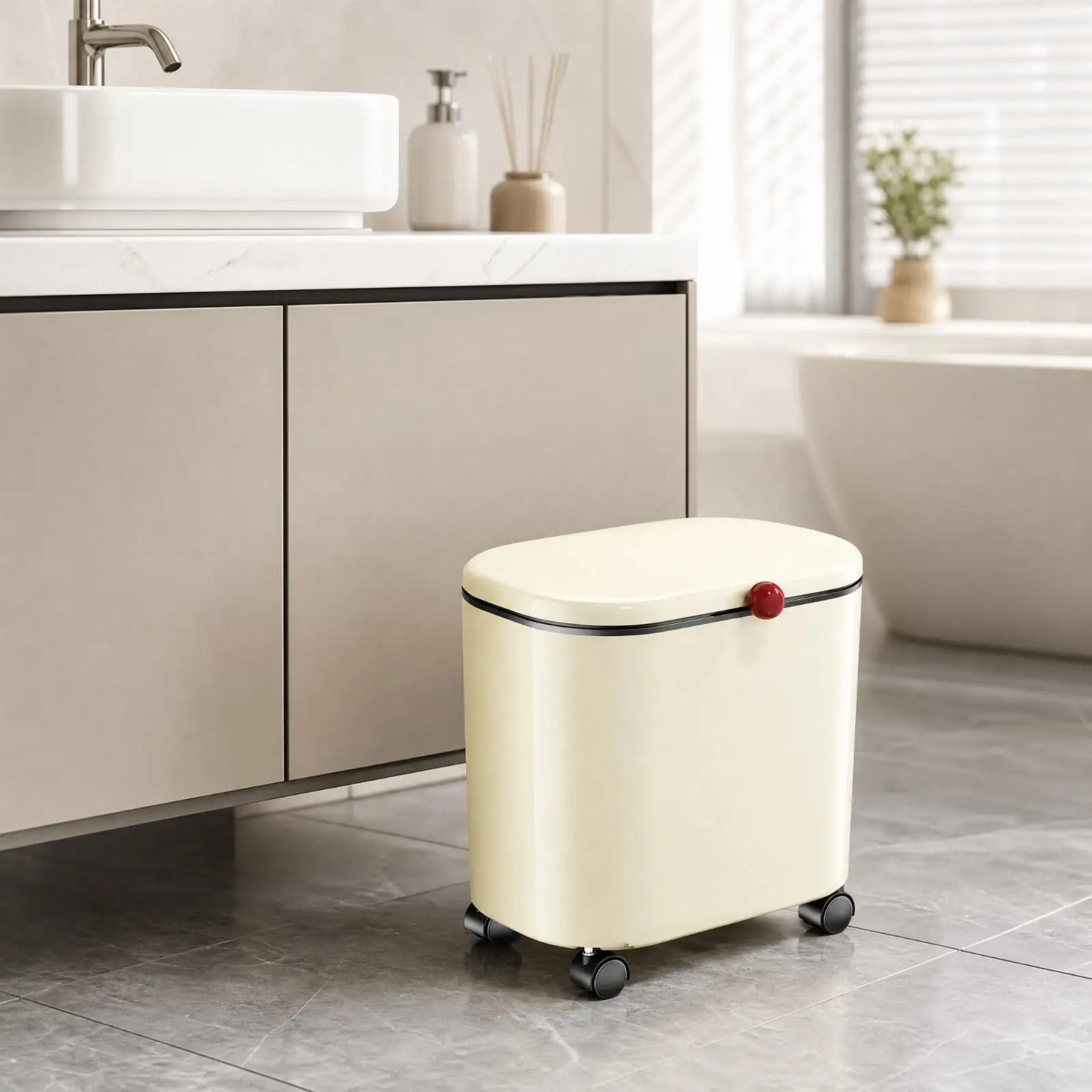Slim Storage Trash Can with Hinged Lid for Small Kitchen Garbage Container PP Material Compact Waste Basket