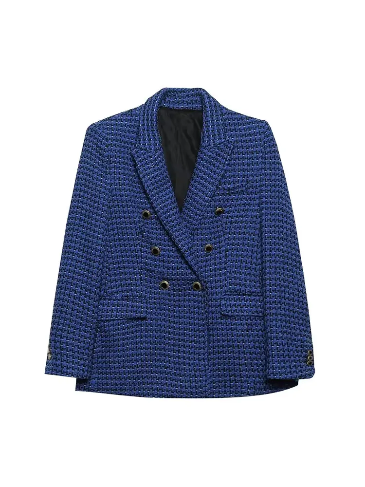 

HH Элегантный женский свободный пиджак, весенний длинный рукав, V-образный вырез, текстурированный клетчатый женский двубортный пиджак, пальто с карманами