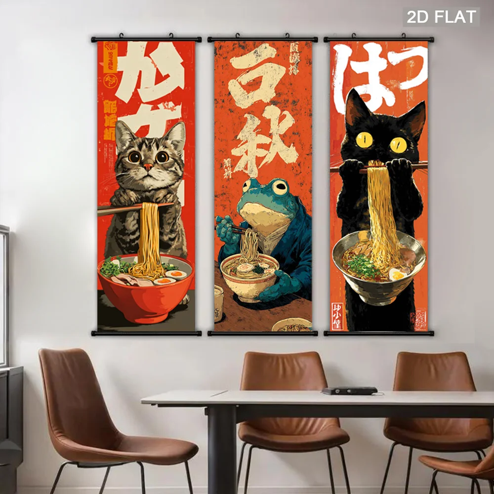 VIKAMA Japanese Cat Frog Ramen Wall Art Hanging Scroll Poster Vintage Funny Canvas Painting for Kitchen Living Room Decor