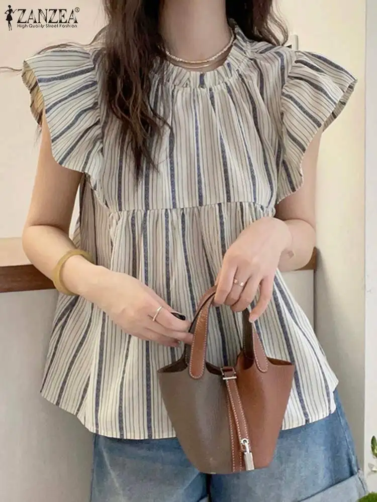 ZANZEA Women Vintage Stripe Print Tops 2024 Sweety Fungus Edge Shirt Elegant Office Blouse Fashion Autumn Flare Sleeve Blusas