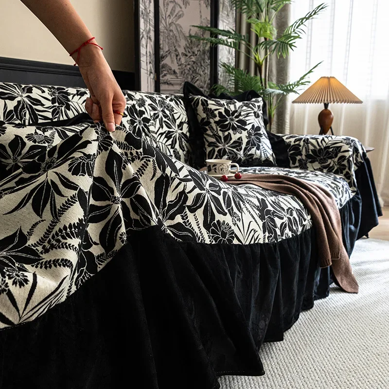 1pcs French Luxury All Inclusive Dust-proof Sofa Towel Printed Sofa Cushion with Lace Wear-resistant Comfortable Couch Slipcover