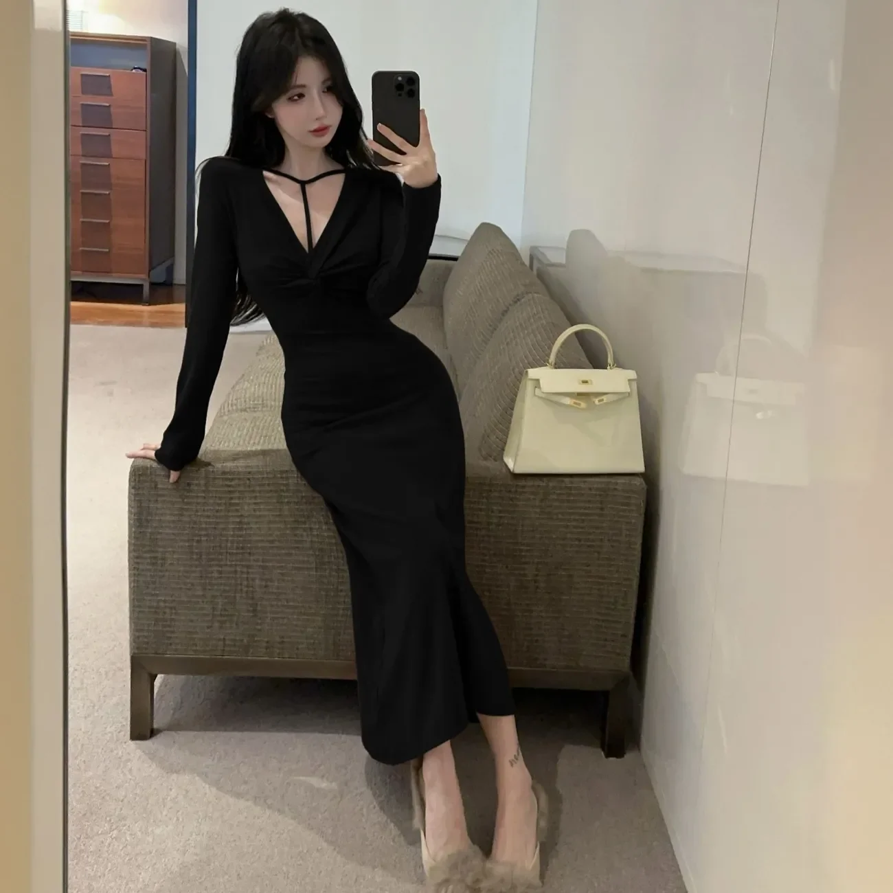 Robes à manches longues femmes robe tricotée femme automne Modal grisâtre bleu demi-col roulé smockage plissé ceinture Preppy Chic