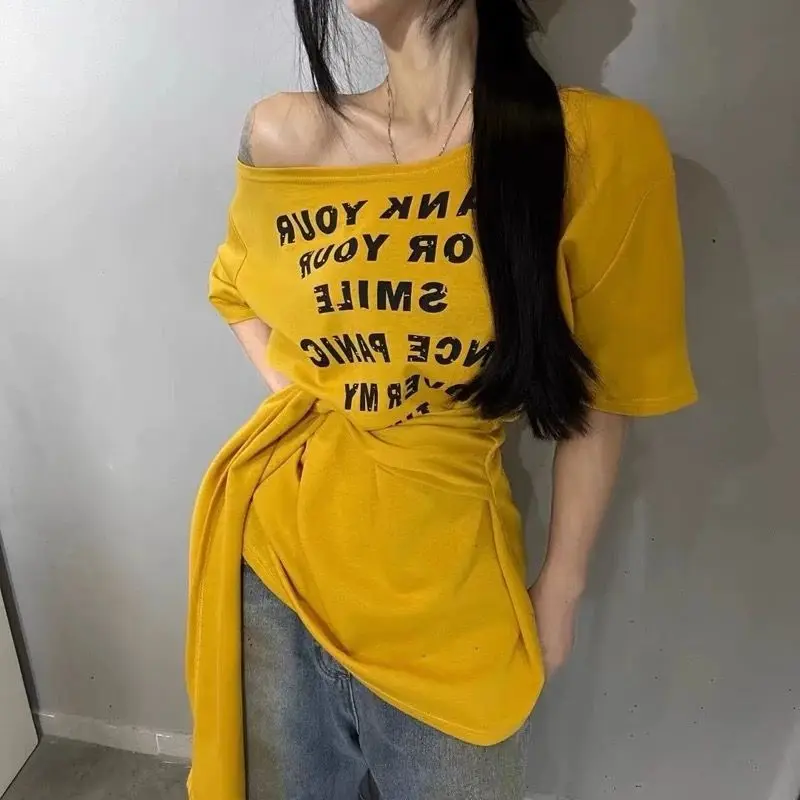 

Off Shoulder Bandage Letter Print Fashion T Shirts Summer New Short Sleeve Loose High Street Tops Fashion Korean Women Clothing
