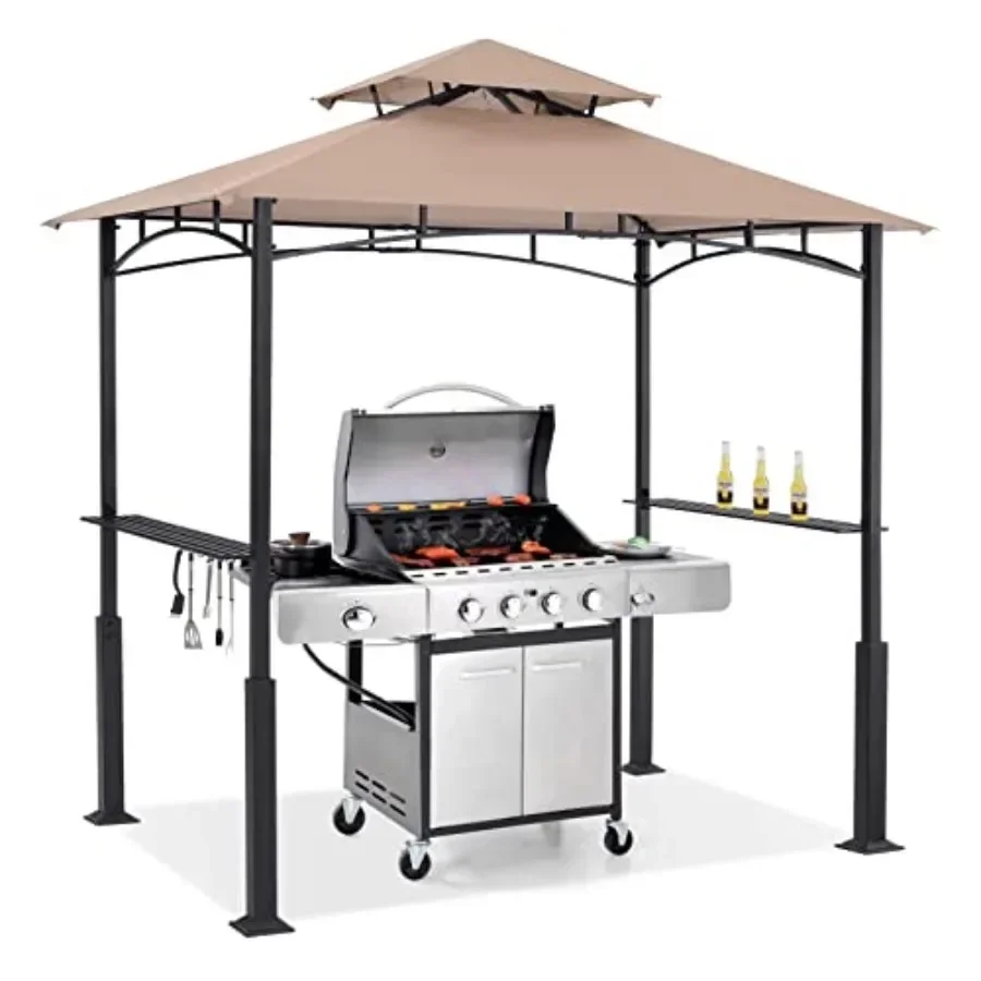 8x5 Outdoor BBQ  Shelter with LED Light for Patio ing Durable Polyester Fabric in Black Weatherproof and Easy Assembly