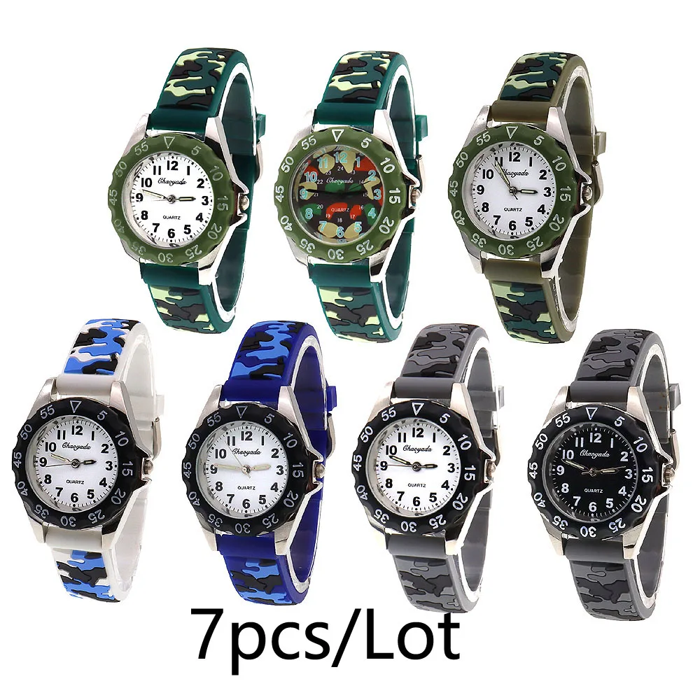 7pcs/Lot Children Boys Girls Watch Silicone Military Camouflage Strap Quartz Wristwatch Kids Birthday Gifts Students Watches