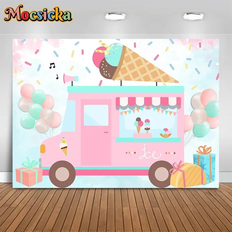 

Mocsicka Sweet Girl Photography Background Cake Crush Birthday Party Decor Backdrop Ice Cream Truck Balloon Banner Studio