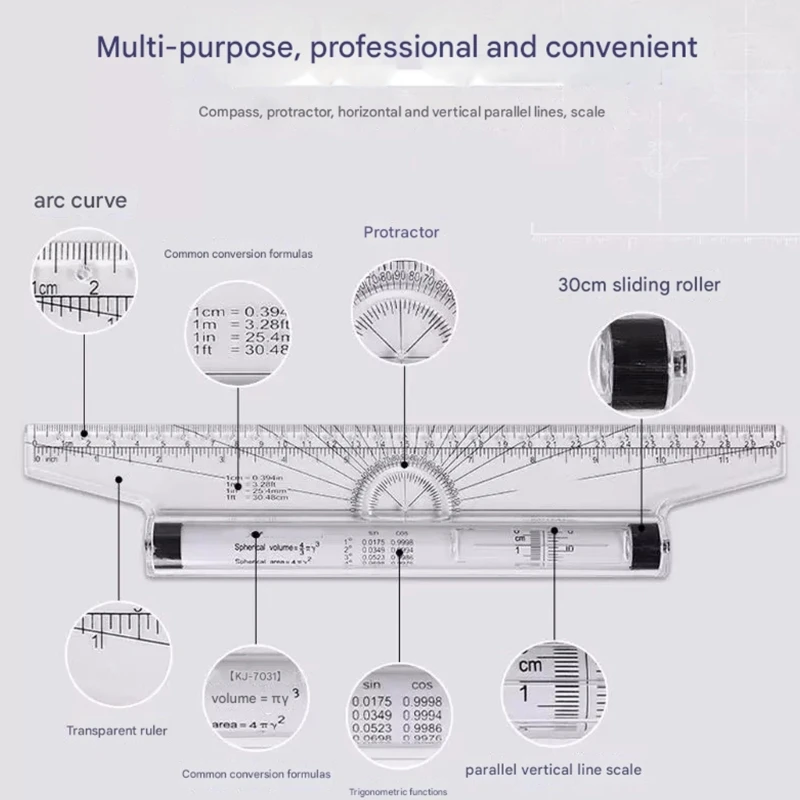  Professional Roller Parallel Ruler Scale Tool Plastic Measuring Ruler for Architectural Drawing Technical Drafting