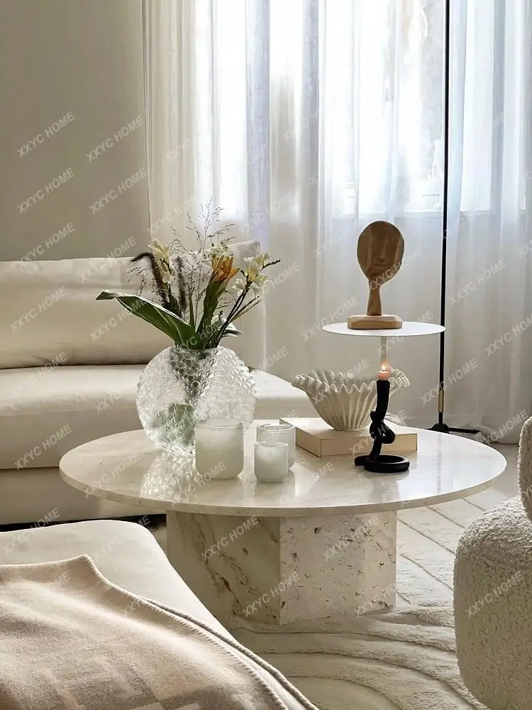 

Кофейный столик из натурального мрамора в кремовом стиле, трендовый, из травертина, для гостиной, круглый, в стиле Ваби-Саби