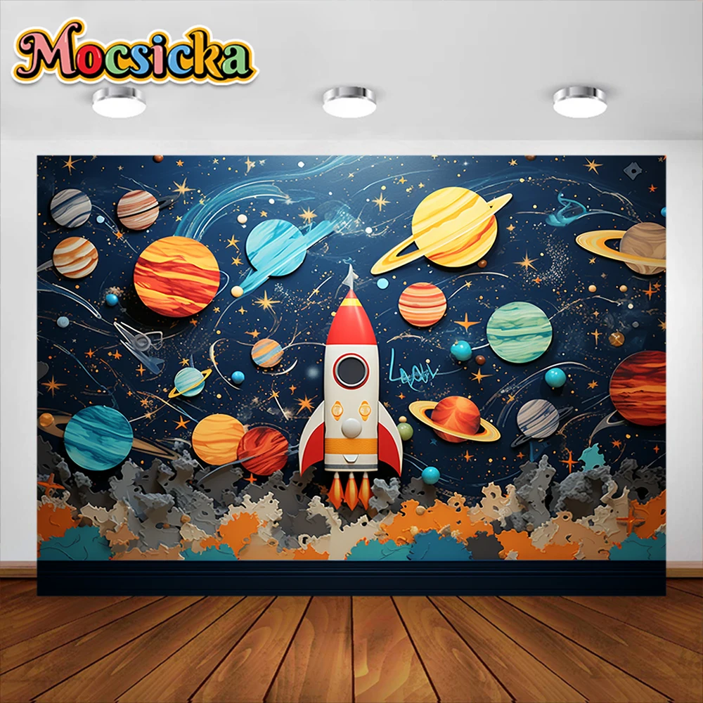 Фотофон Mocsicka Космос Вселенная Галактика Звезды ракета дети день рождения торт разбивать Декор фон фотостудия