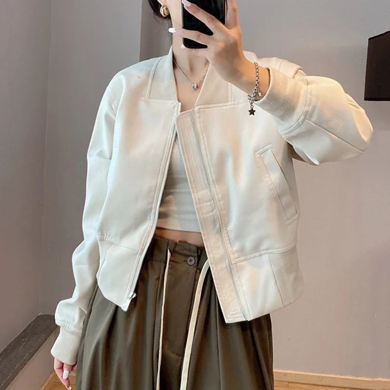 

Streetwear Crop Jacket for Women Loose Long Sleeve Zipper Baseball Uniform Coat Korean Fashion All Match OuterwearsXQ146