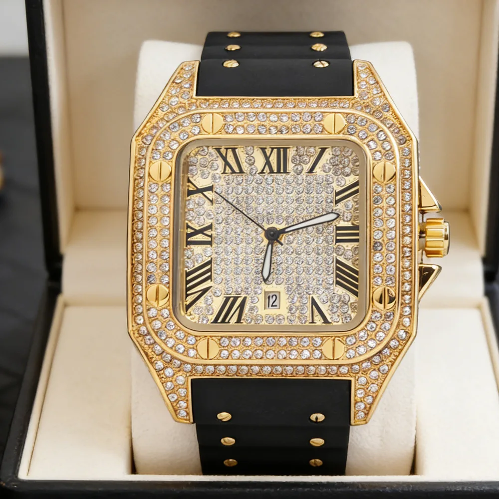 

Hip Hop Iced Out Fashion Square Full Diamond Quartz Watch Men Rubber Strap Hot Bling Jewelry Wristwatch Man Clock Dropshipping