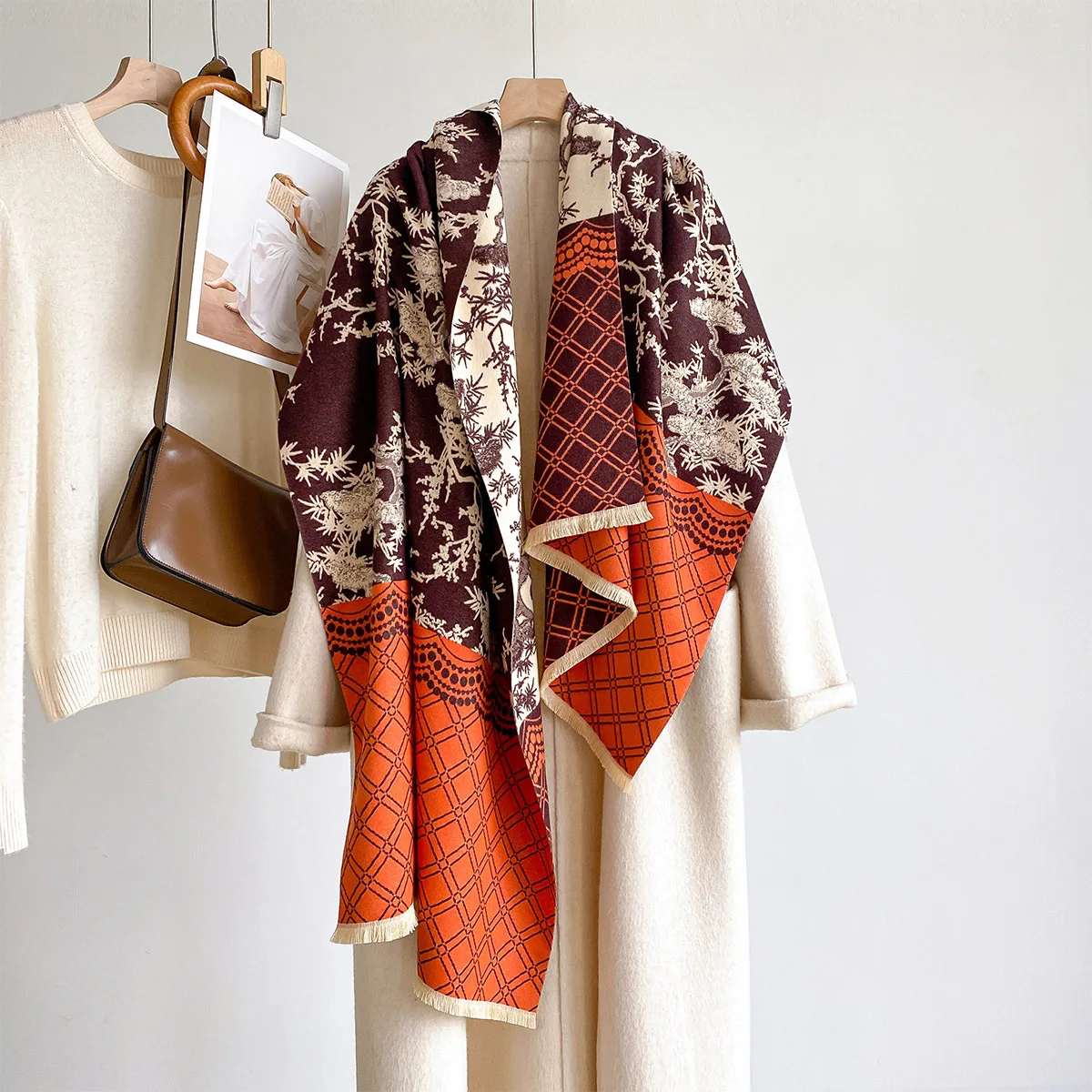 2026 New Arrival Faux Cashmere Women Scarf Retro Chinese Botanical Pattern Winter Warm Shawl and Wraps Coat Matching Wrap
