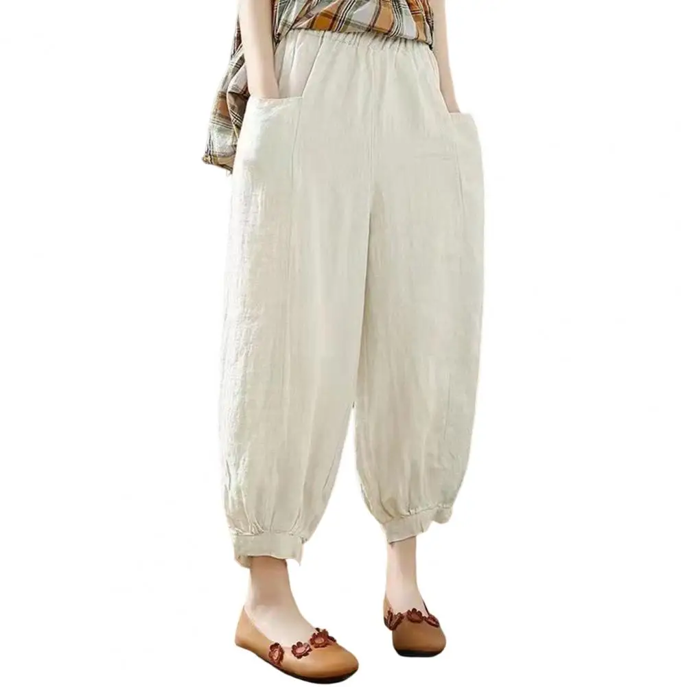 Women Lantern Pants Summer Elastic Waist Cotton Linen Dual Pockets Ankle Length Loose Fit Women Harem Baggy Trousers