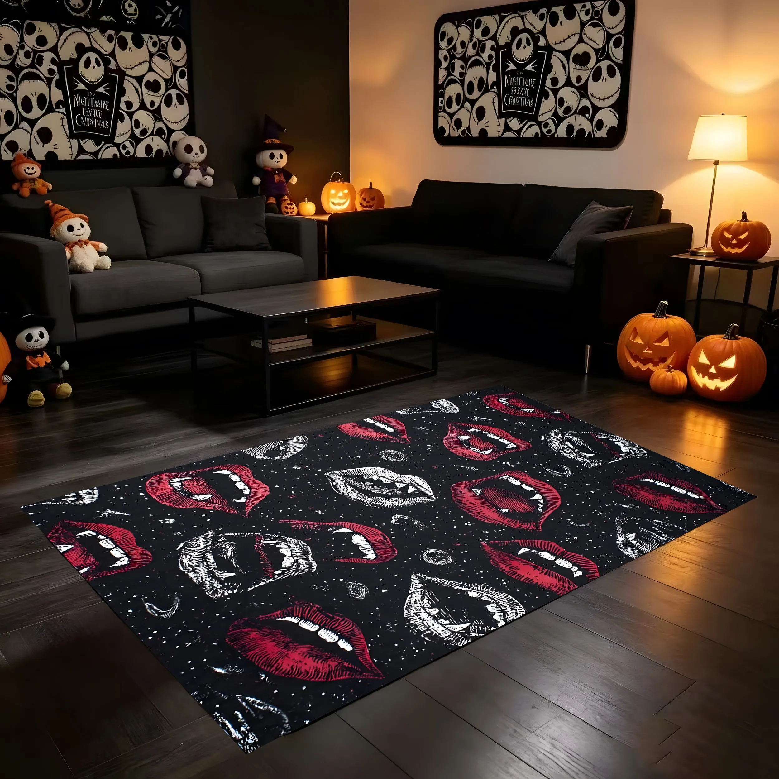Fangs Lips Print Dark Gothic Halloween Velvet Rug for Entryway Bedroom Living Room Trendy Eye-Catching Decor