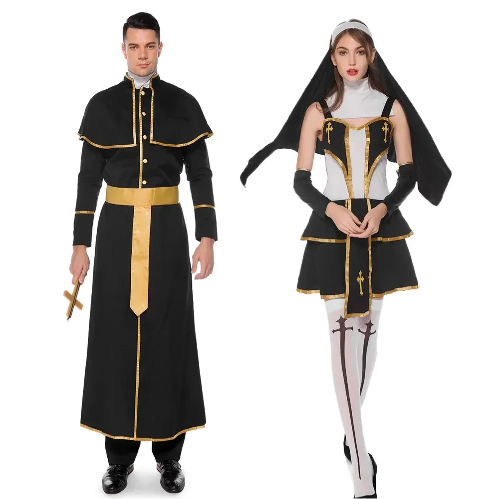 Costume da padre celeste da suora, prete, civettuola, per donne adulte, uomini, coppie, Halloween, Pasqua, Purim, costumi di carnevale