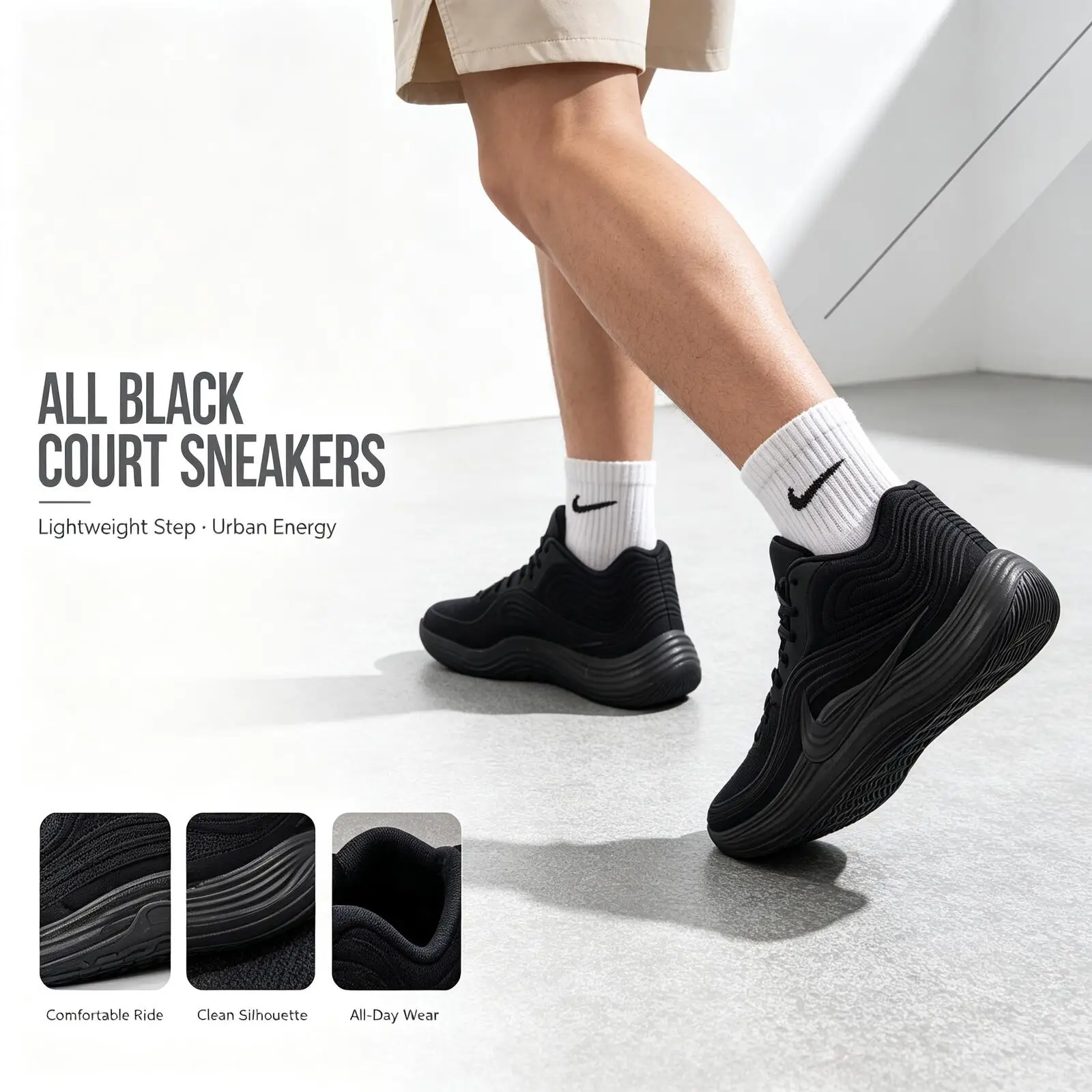 Zapatillas Deportivas Nike All Black Court, Monocromáticas, de Caña Baja, con Parte Superior Mate, Suela Acolchada y Antideslizante, Casuales