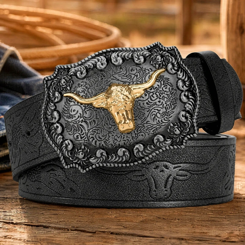 New Men's Western Cowboy Belt - Cool Handsome Black PU BELT Material Embossed Design and Stylish Alloy Buckle Men Belt  ZK1020