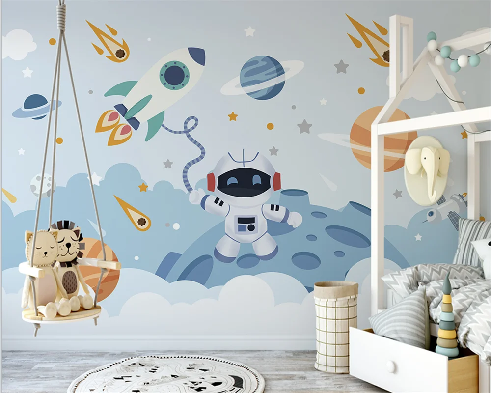 

beibehang Customized modern papel de parede Nordic cartoon space rocket planet astronaut children's room background wallpaper