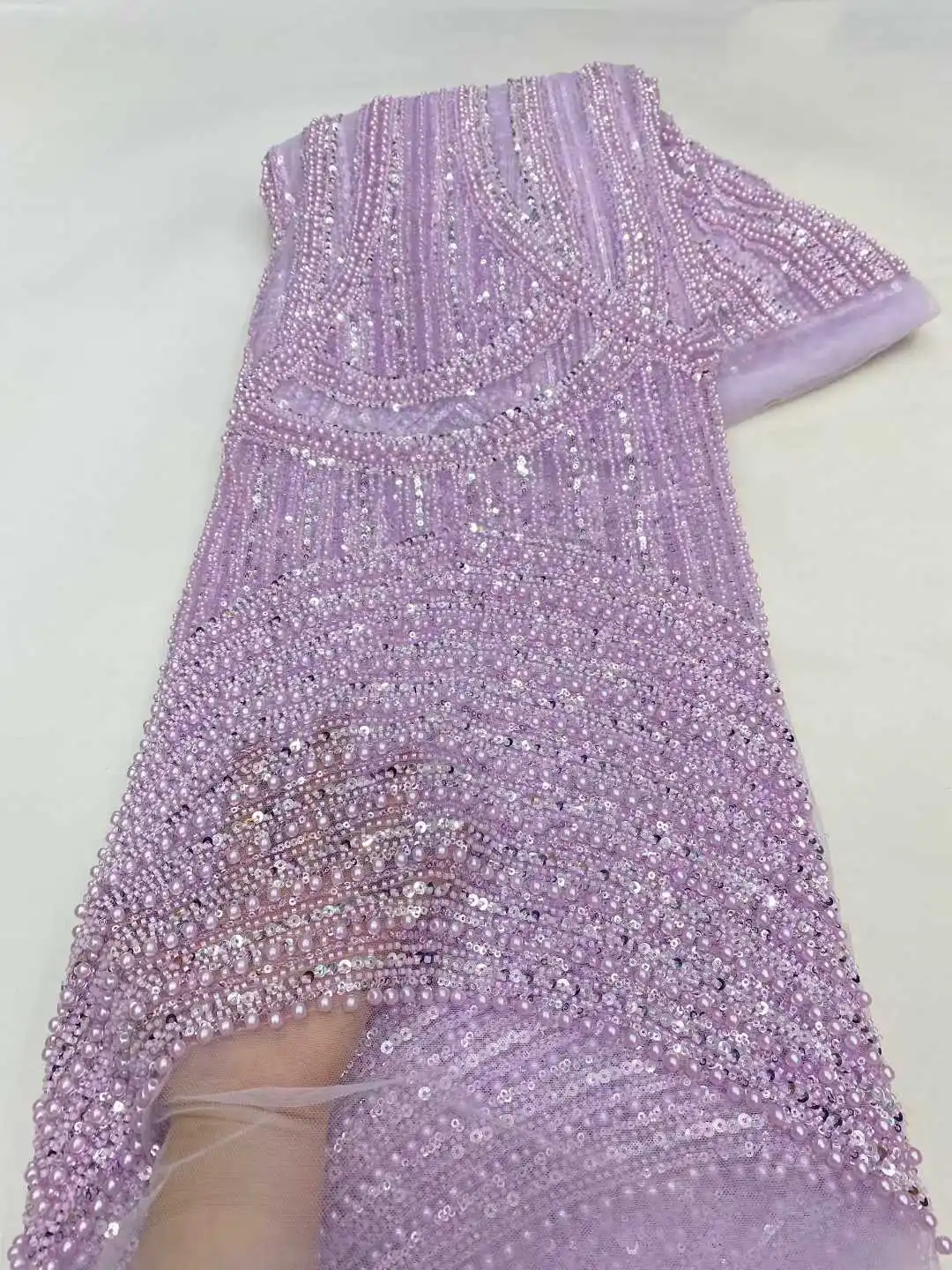 Tessuto di pizzo nigeriano pesante fatto a mano in tulle con perline 2025 Tessuto di pizzo netto con paillettes e perle di lusso africano per abito da sposa da sposa