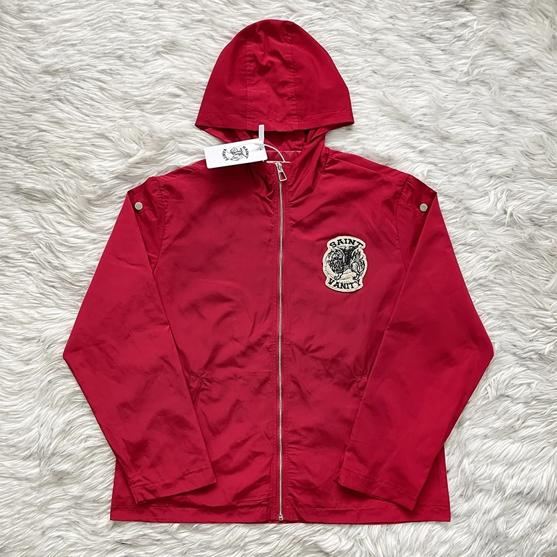 

Trendy Saint Vanity Embroidered Rivet Sports Windbreaker Jacket for Casual Chic Look in Red