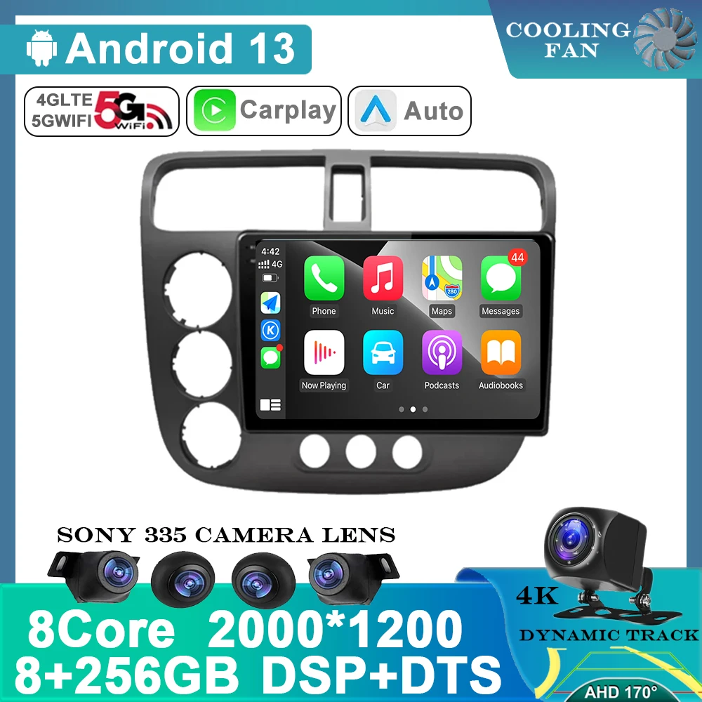 

For Honda Civic 7 2000 - 2006 GPS 4G Android 13 Autoradio Navigation Car Multimedia Video Player BT Carplay Head Unit No 2Din