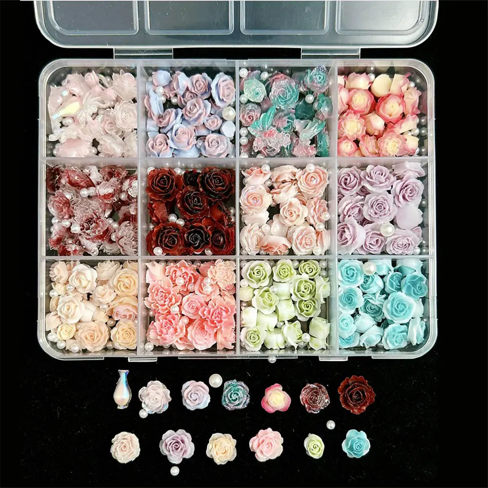 1 pudełko Kolorowe żywiczne ozdoby do paznokci 3D w kształcie róż, słodkie różowe/czerwone/zielone kwiaty z perłami, urocze ręcznie robione ozdoby do paznokci w kształcie róż DI8 Craf