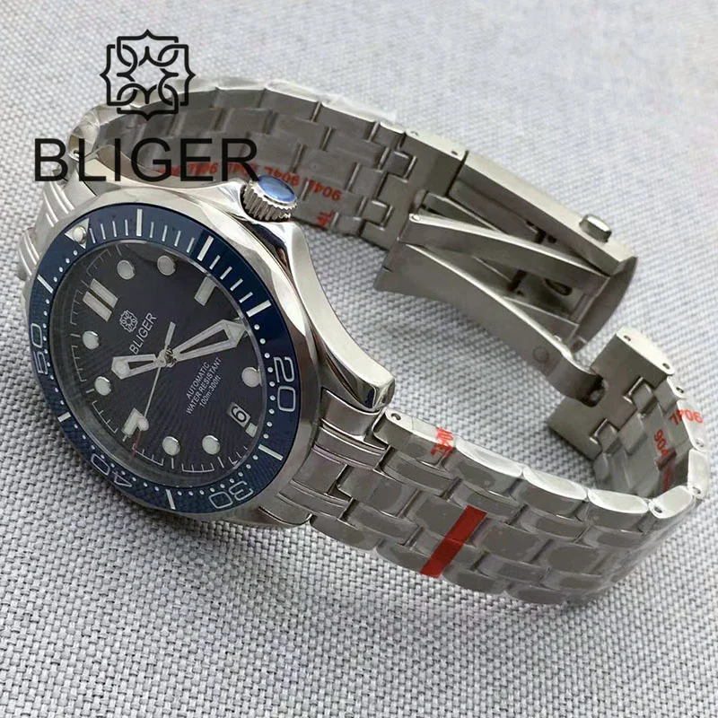 BLIGER 41mm Watch For Men NH35 Automatic Mechanical Wristwatch Blue Dial Ceramic Bezel Luminous Waterproof 6 O\'clock Date Window