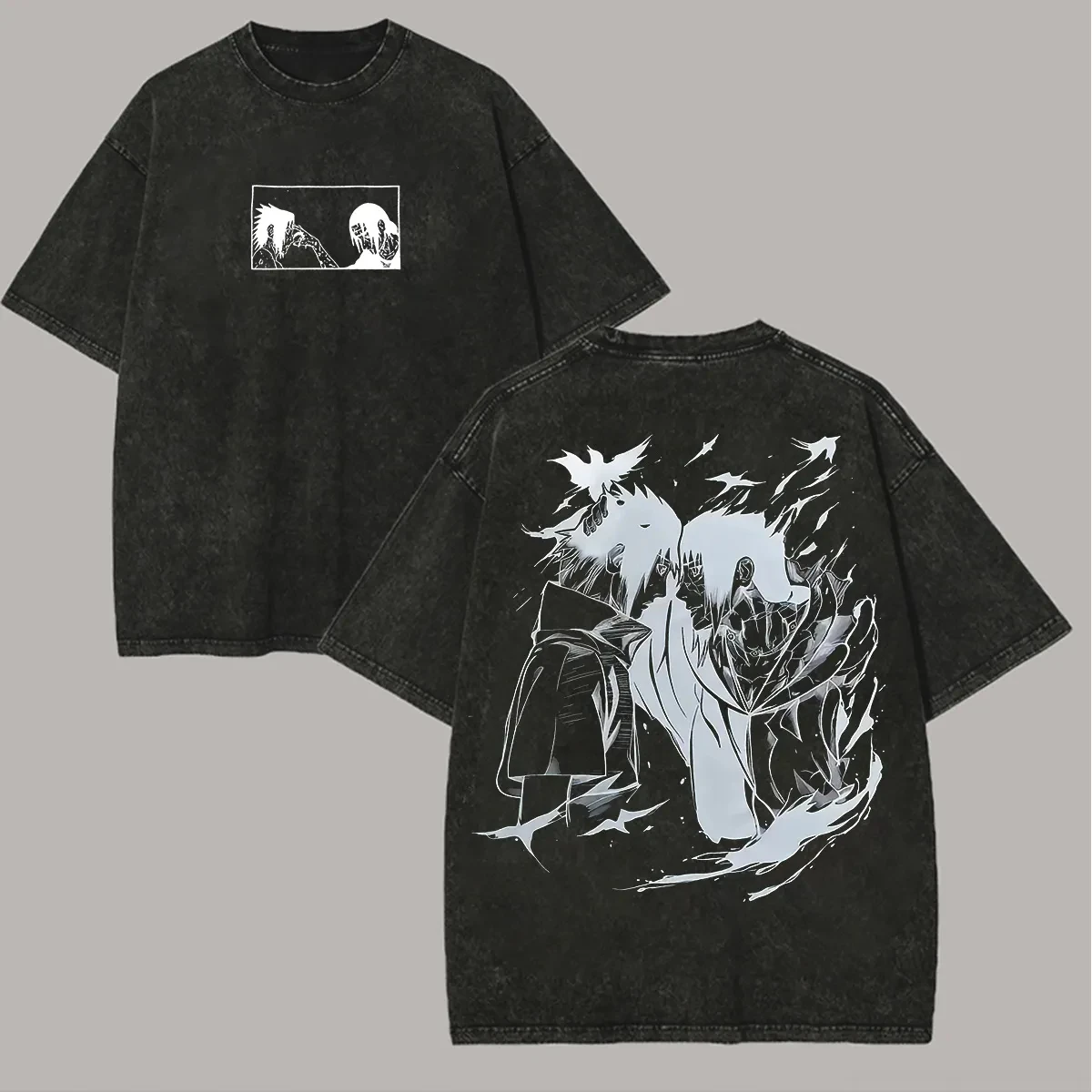 Sasuke Itachi T-Shirt Naruto Herren Acid Wash Rückendruck Brothers Bond Anime Grafik Baumwolle Streetwear Vintage Bootleg Tee