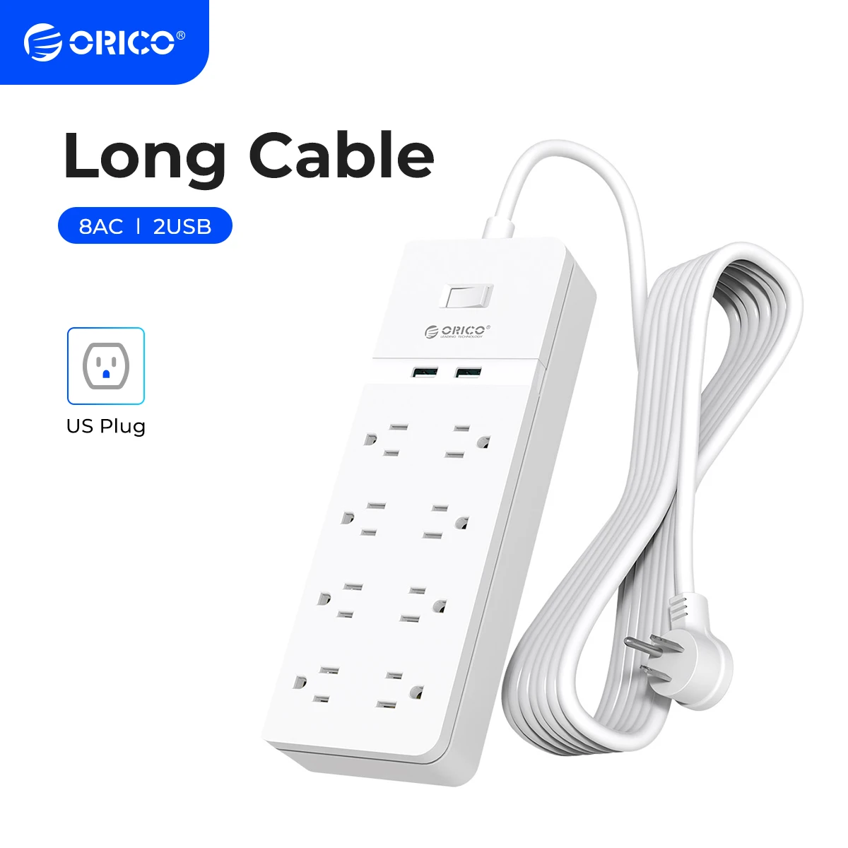 ORICO US Plug Electrical Socket Power Strip 8AC Outlets 2 USB Ports For Home Office Surge Protector