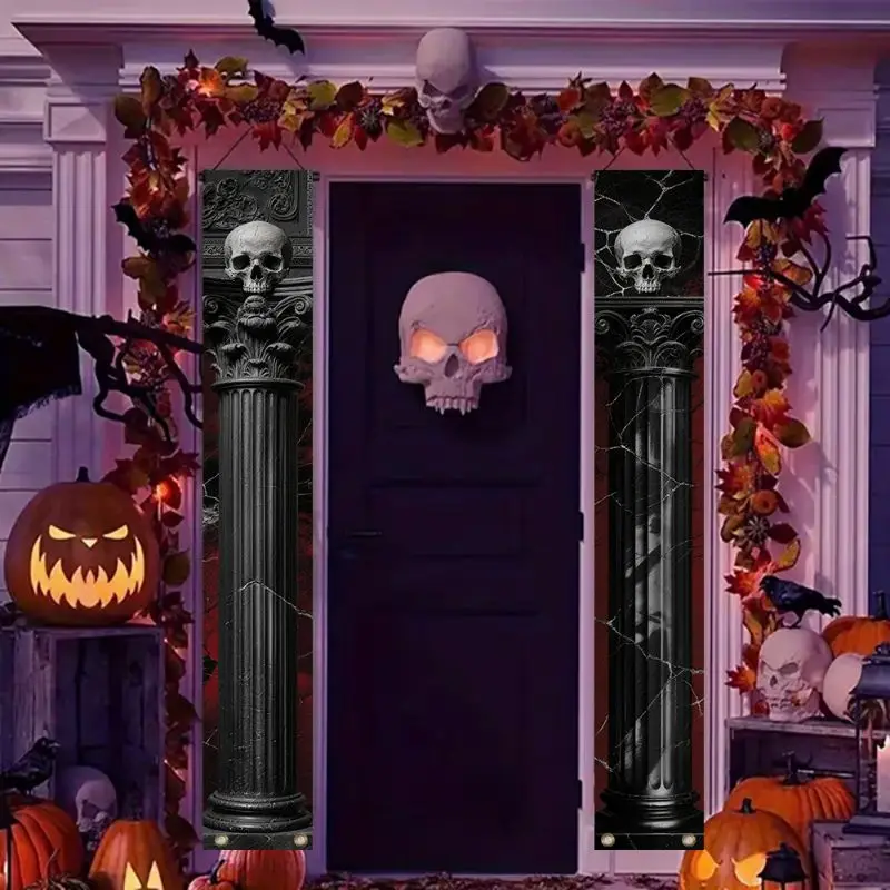 VIKAMA Gothic Skull Banner Halloween Horror Thriller Porch Door Curtain Banner Bedroom Living Room Haunted House Party Decor