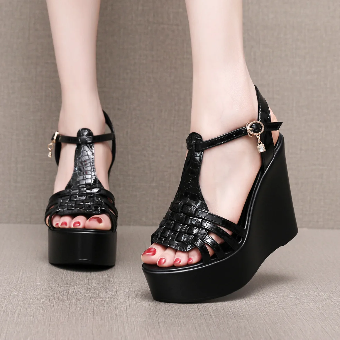 

8 10 12cm Size 33-43 Bright Leather Sandals High Heels Shoes Woman 2026 Summer Thick Platform Wedges Sandals Model Office Dress