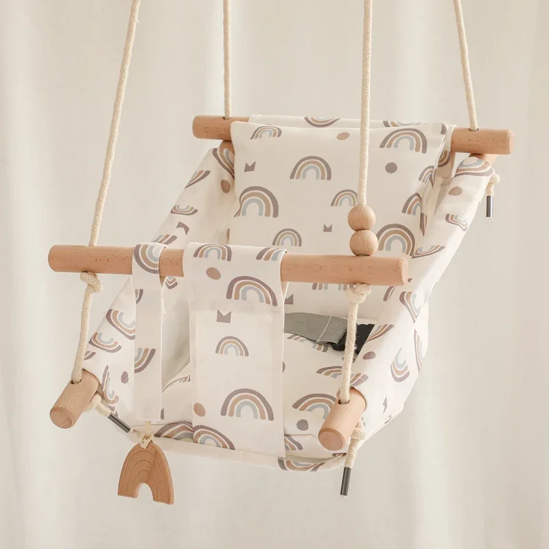 Baby Canvas Swing Chair Hanging Wood Children Kindergarten Toy Outside Indoor Small Basket Beige Swinging Rocking Chair Baby Toy