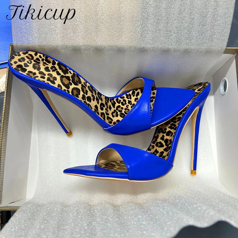 Designer Summer New Sexy 12cm Summer Pointed Toes Leopard Insole Slippers Women Thin High Heels Sandals Plus Size Outfit Shoes