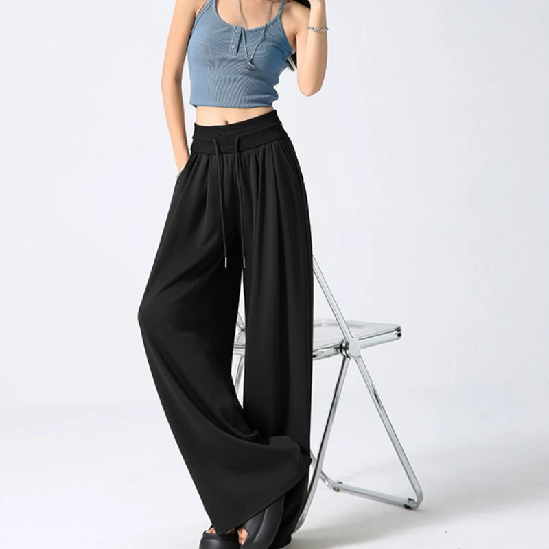 

Elastic Low Waist Wide Leg Pants Women 2025 Summer New Loose Fit Casual Floor Length Trousers OL Drawstring Straight Pants Women
