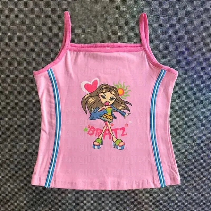 Y2K épicé fille dessin animé imprimé lettre mince gilet femmes mode personnalité haut court col rond loisirs maison plage vacances réservoir