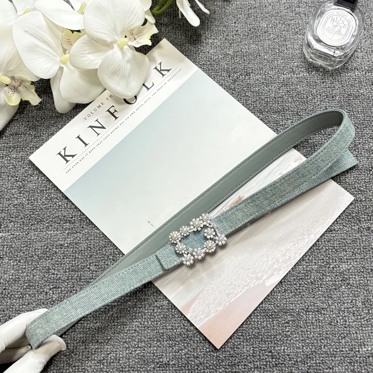 Pearl rhinestone buckle denim blue waistband, vintage denim decorative leather belt, silver diamond buckle thin pants belt