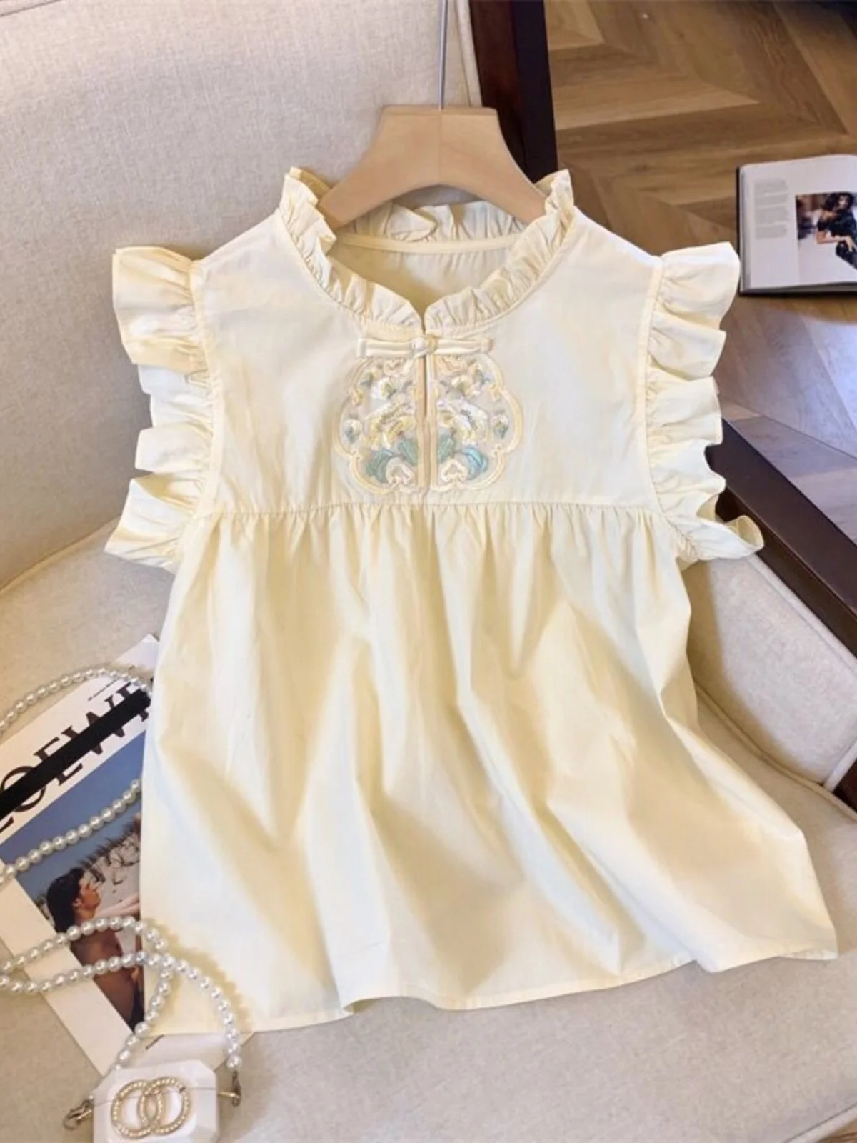 

Новая летняя женская модная блузка с воротником в форме лотоса и вышивкой, на пуговицах, с рукавами-крылышками, Agel...