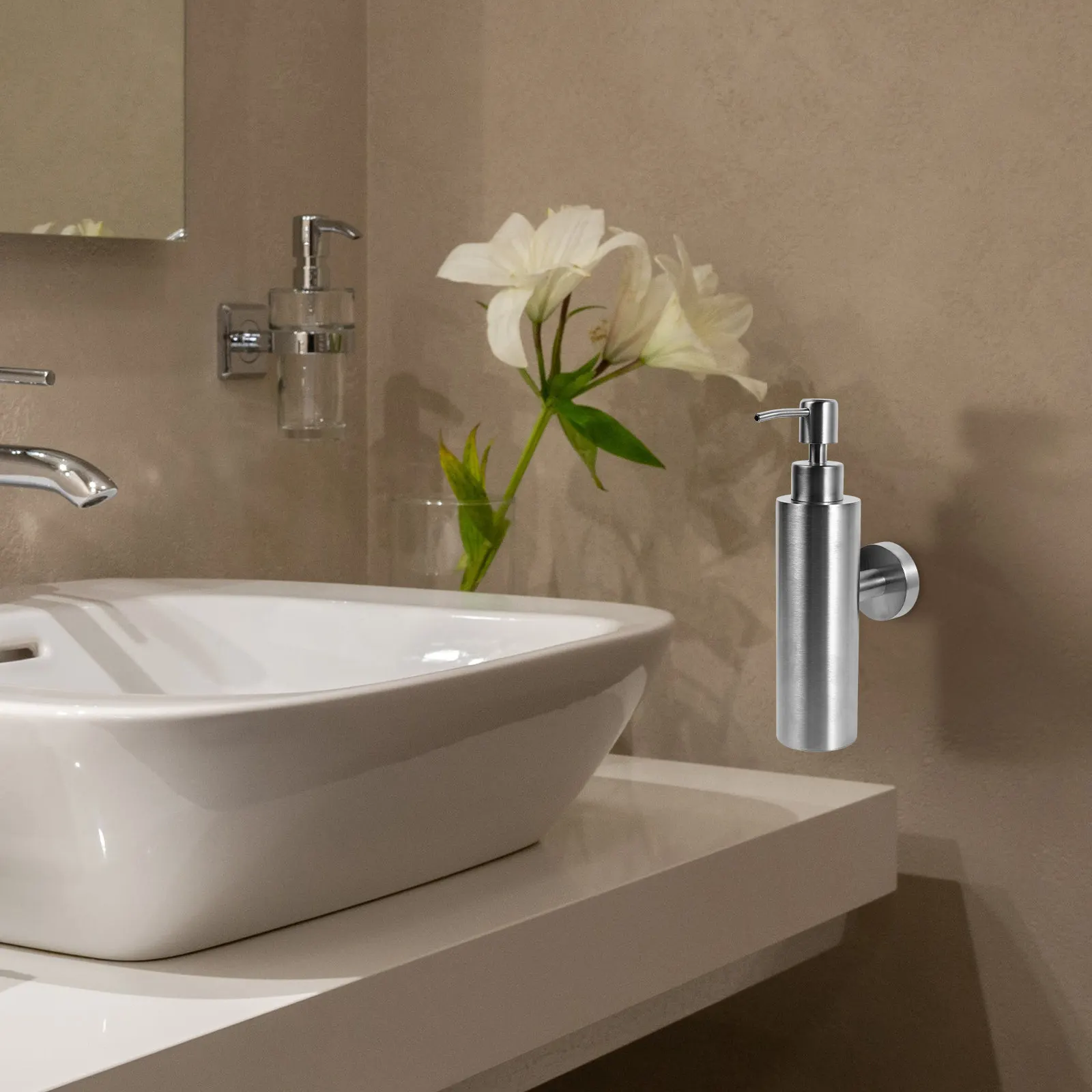 

Wall Mounted Manual 304 Stainless Steel Soap Dispenser Refillable Hand Soap Shampoo Shower Dispenser for Bathroom Kitchen