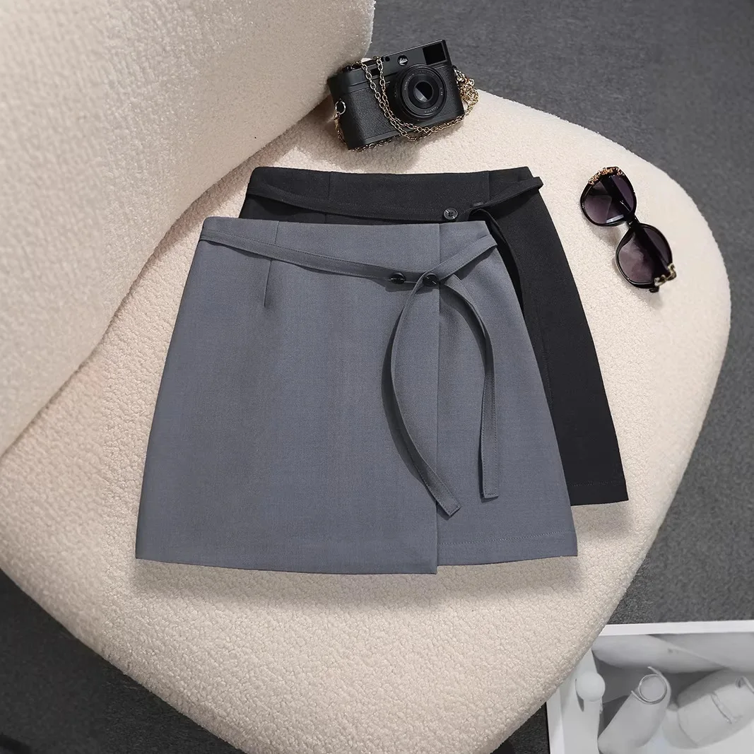 

Дизайнерская серая юбка-стример 2026: женская юбка А-силуэта с завышенной талией для коррекции фигуры