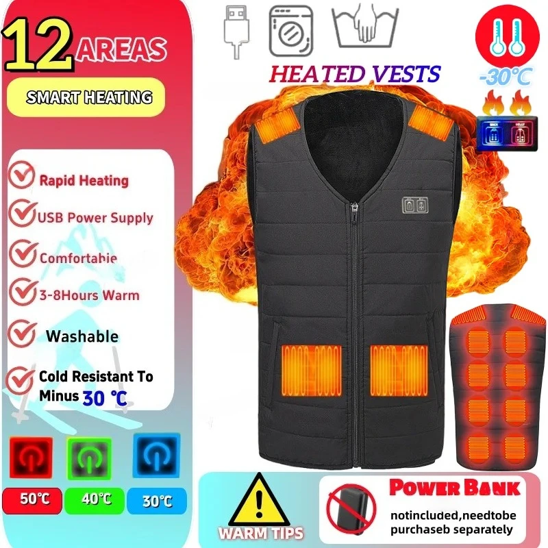 

12 Area Body Heated V neck Waistcoat Men Women Winter Heating Down Cotton Vest Ski Flexible Thermal Winter Warm Sleeveless Vests