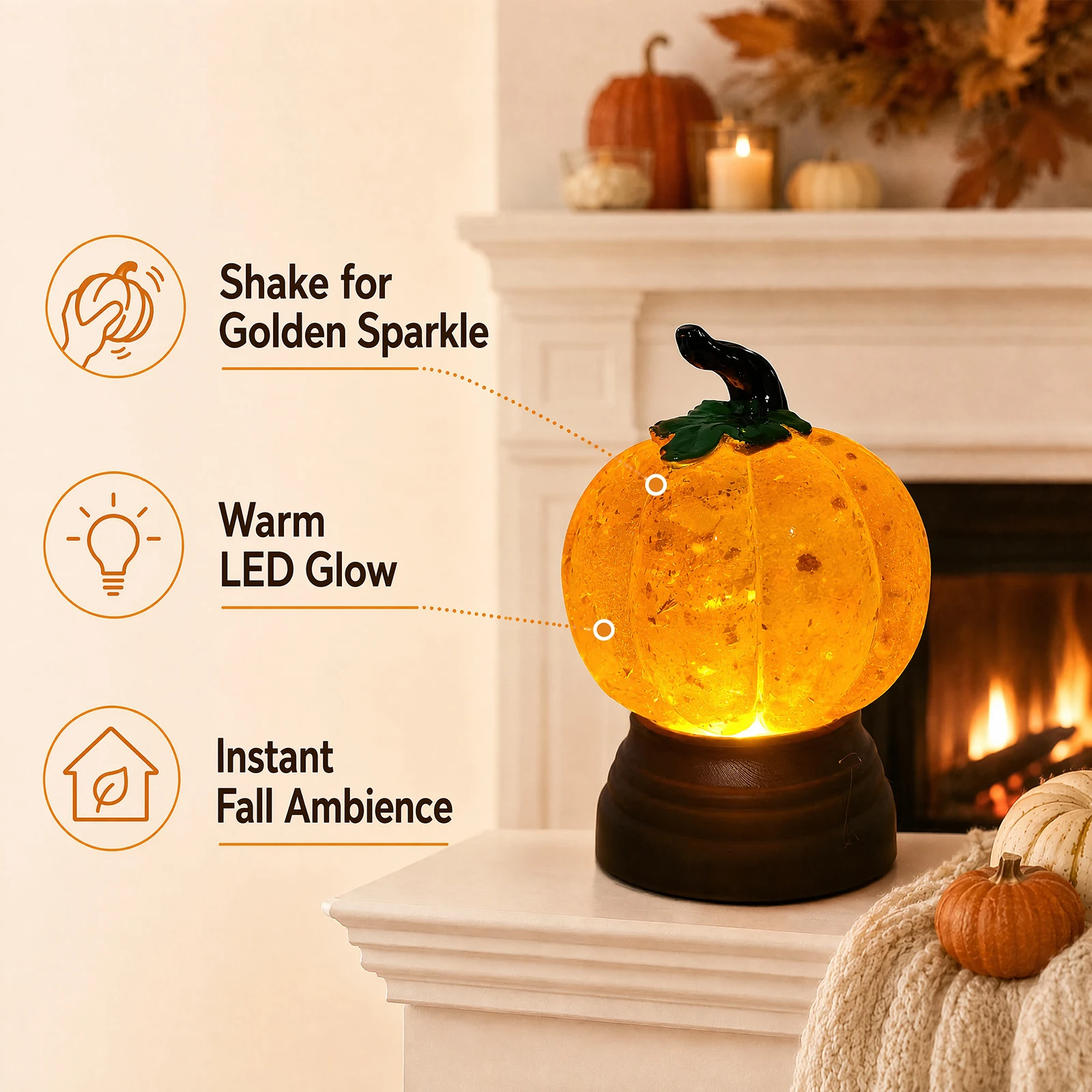 Lighted Pumpkin Snow Globe Glitter Gold Flakes LED Halloween Fall Home Decoration