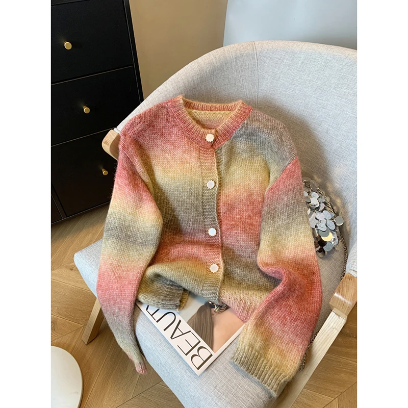 Korean Preppy Style Rainbow Cardigans Single Breasted O-Neck Gradient Color Knitted Sweater New Fashion Casual Outerwear Baggy