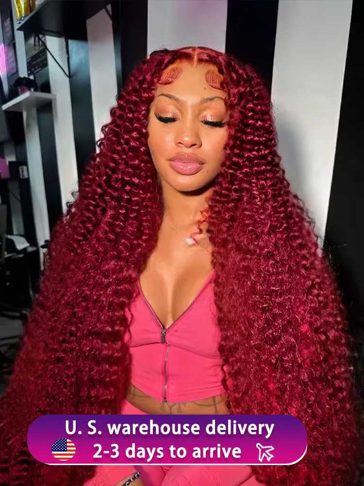 密度250、40インチ、99jバーガンディディープウェーブ、レースフロント人毛ウィッグ、13x4、13x6、ブラジリアンカーリーhd透明レースフロントウィッグ