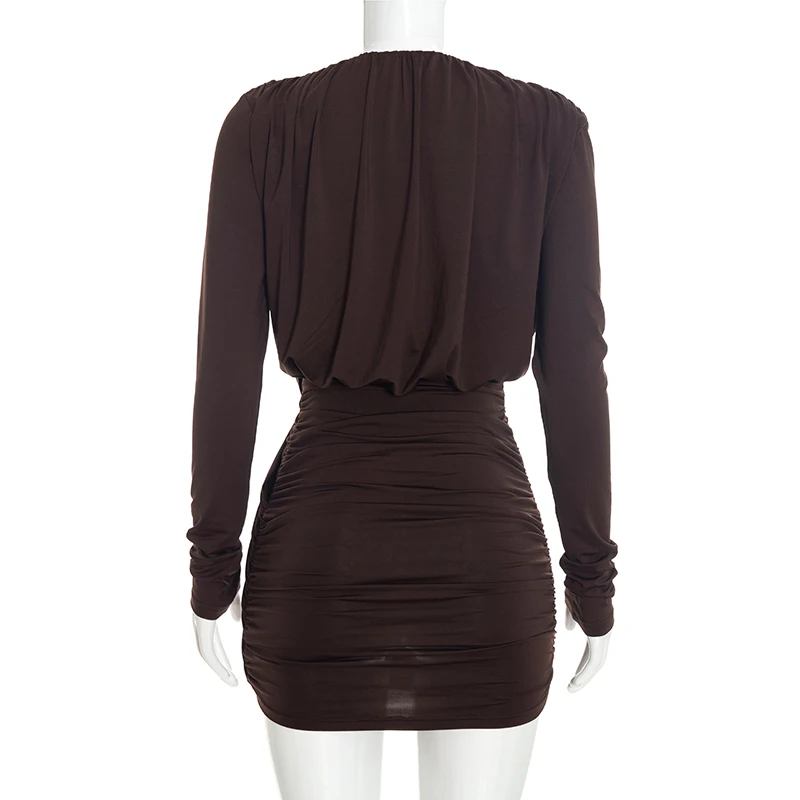 Modisches, einfarbiges, lässiges, tief ausgeschnittenes, langärmeliges, plissiertes, schmales Minikleid – Detail 14